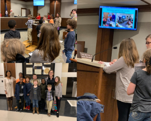 Pictures of students and staff presenting at School Board Meeting