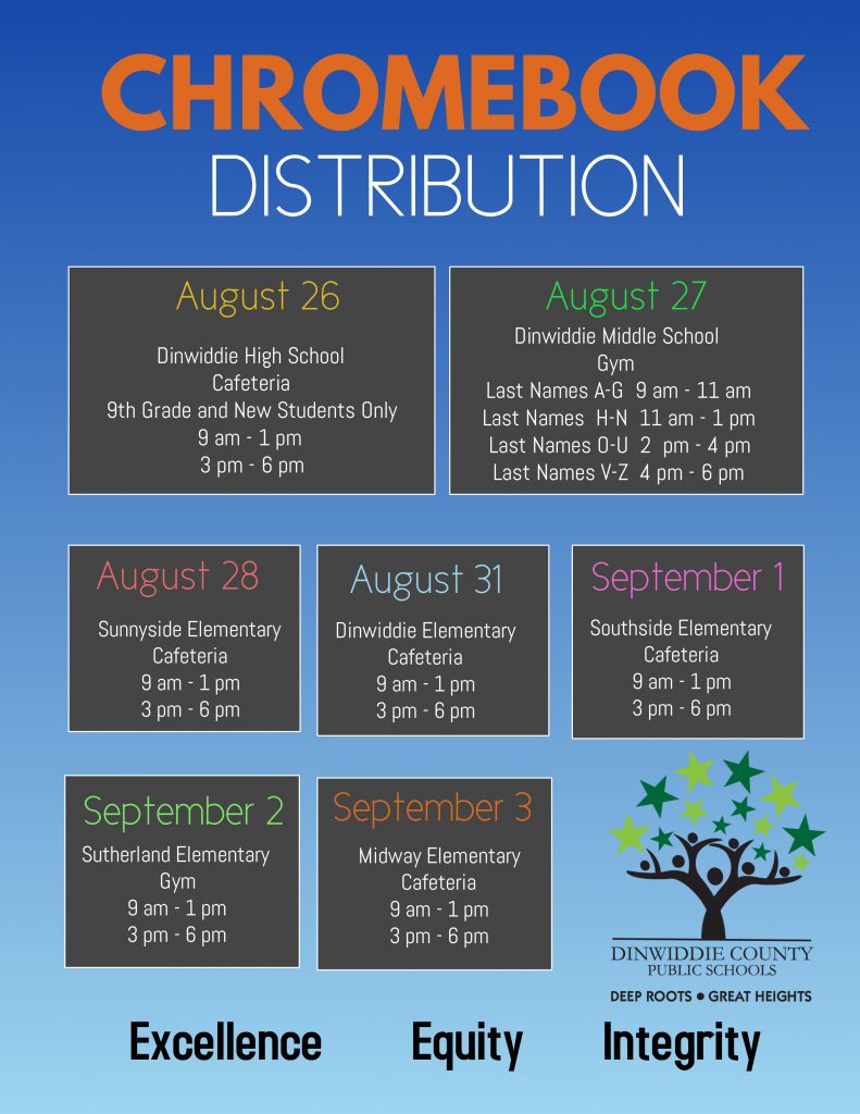 Chromebook distribution: Wednesday, August 26, Dinwiddie High School (gym) Distributions will be held from 9 am – 1 pm and 3 – 6 pm.  This will be only for 9th graders and any newly enrolled students.  Students in grades 10-12 should still have their Chromebooks from last school year. Thursday, August 27, Dinwiddie Middle School (cafeteria) Pickup Times: 9 am - 11 am last names A-G 11 am - 1 pm last names H-N 2 pm - 4 pm last names O-U 4 pm - 6 pm last names V-Z K-5 Elementary School Pickup Times and Locations All times for elementary school distributions will be held from 9 am – 1 pm and 3 – 6 pm. Friday, August 28 – Sunnyside Elementary School (cafeteria) Monday, August 31 – Dinwiddie Elementary School (cafeteria) Tuesday, September 1 – Southside Elementary School (cafeteria) Wednesday, September 2 – Sutherland Elementary School (gym) Thursday, September 3 – Midway Elementary School (cafeteria) -- Excellence, Equity, Integrity